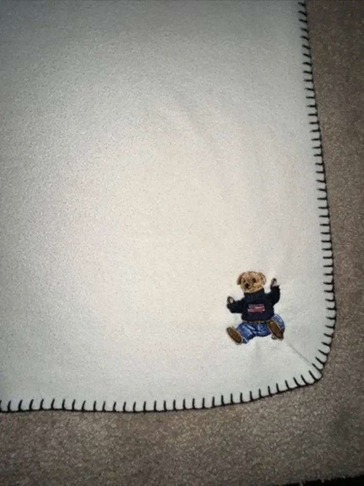 Lauren Ralph Lauren - Sitting Bear Throw Blanket - Cream wBlue stitching-50